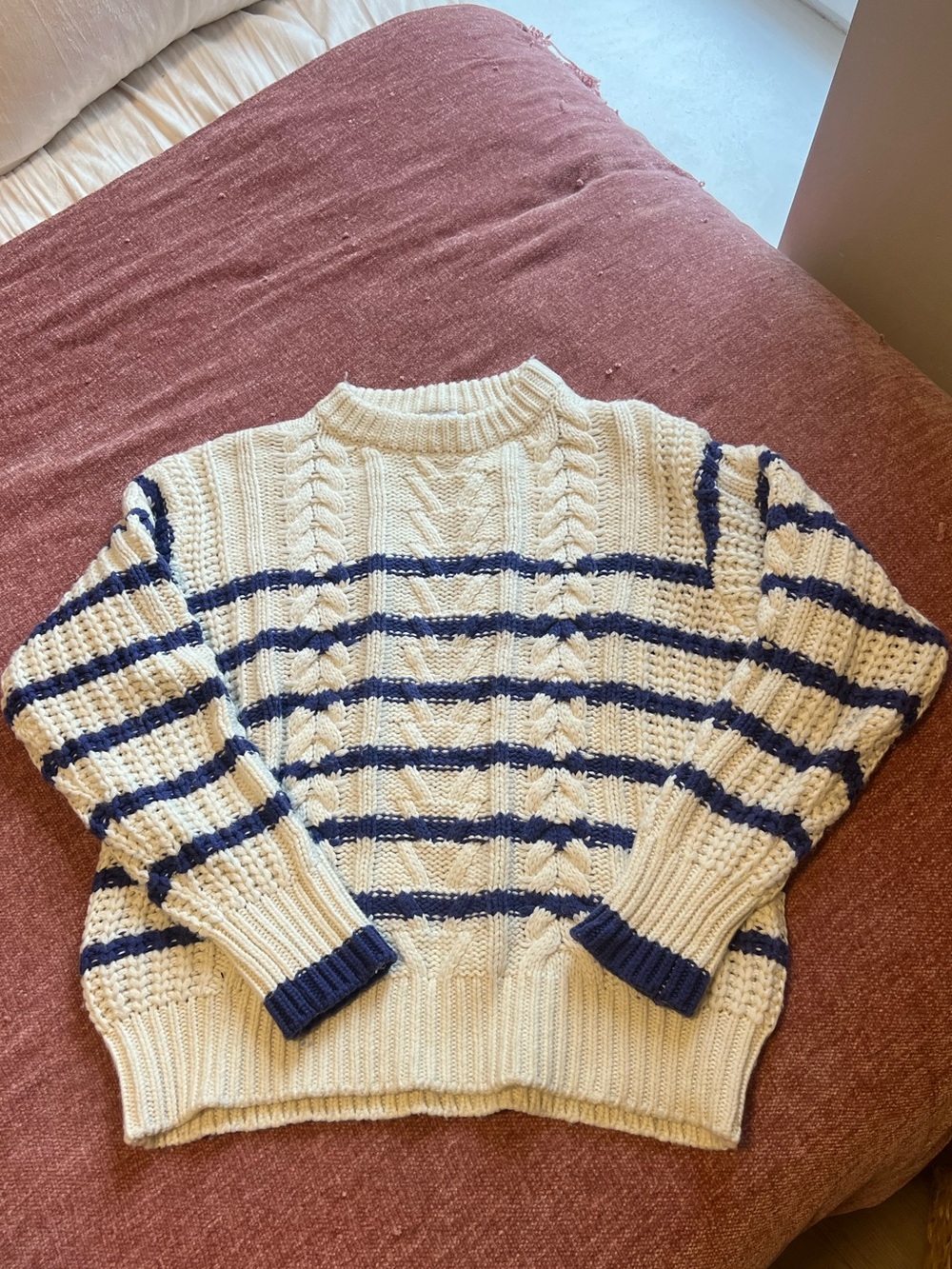 Mango Women’s Cream Cable Knit Sweater with Navy Stripes